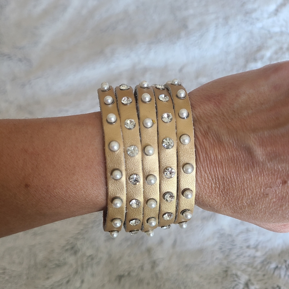 Womens Bracelet on Leather Band w/ Diamond & Pearl Accents Button Closure Tan